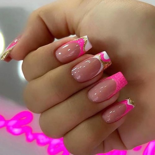 BAOYAALIN Press on Nails Medium Square French Hot Pink Fake Nails with Gold Glitter Design Artificial Acrylic False Press ons Full Cover Stick on Nail for Women Girls Daily Wear Wedding 24Pcs