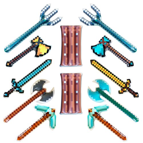 Inflatable Weapons - Pixel Diamond Swords, Pickaxes, Hatchets, Axes, Tridents, and Shields (2 of Each) - Blow up Pixel Party Favors - Gift Bags - Costumes - Pool Parties - 12-Pack