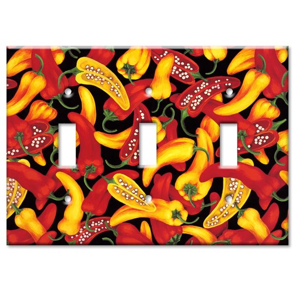 Art Plates - Triple Gang Toggle OVERSIZE Switch Plate - OVER SIZE Decorative Metal Wall Plate - Red and Yellow Peppers - (Made in USA)