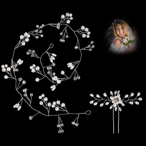 QXUJI Crystal Bridal Headband, Handmade Pearl and Crystal Wedding Headpieces with Hair Pins, Extra Long Bridal Hair Vine, Hair Accessories for Bridesmaid and Flowergirls, 20 Inches