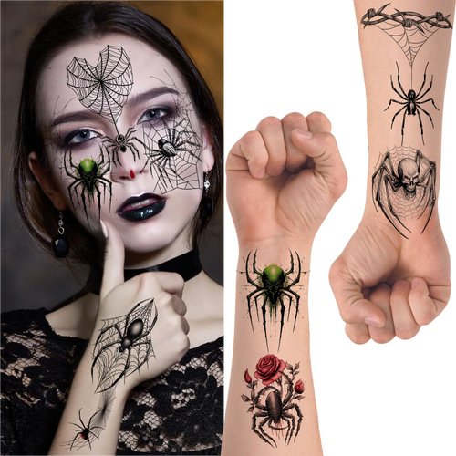 Halloween Spider Stickers Temporary Tattoos Stickers Waterproof Sweatproof Weird 3D Simulation Spider Web DIY Decorations Face and Body Horror Spider for Festivals Masquerade Cosplay Party (14 Sheets)