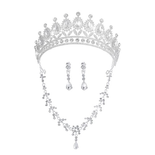 Geurlev Tiaras and Crowns for Women,Tiaras Earrings Necklace, Crystal Bridal Jewelry Set, Costume Party Halloween Prom Pageant Jewelry for Women (GE1006) Silver