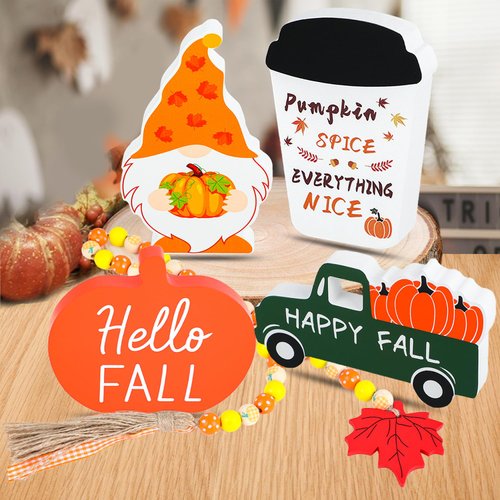 5Pcs Fall Decor Fall Decorations for Home Fall Tiered Tray Decor Pumpkin Truck Gnome Coffee Cup Sign Wood Bead Garland Fall Table Decor for Autumn Harvest Thanksgiving Decor