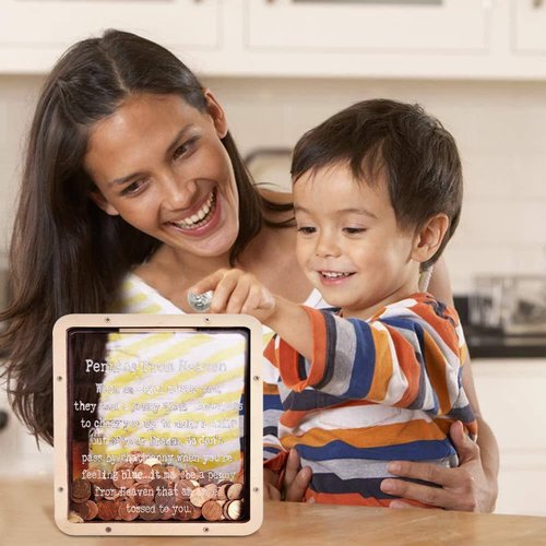 XLAQ Pennies from Heaven Bank Wood Piggy Bank, Personalized Wooden Piggy Bank, Paradise Bank Shadow Coin Bank Piggy Bank Memorial NO NO