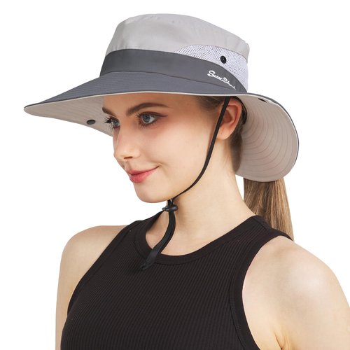 NPJY Ponytail Sun Hat Womens Men 3” Wide Brim UPF 50+ Fishing Beach Bucket Hats Lightgrey/Grey