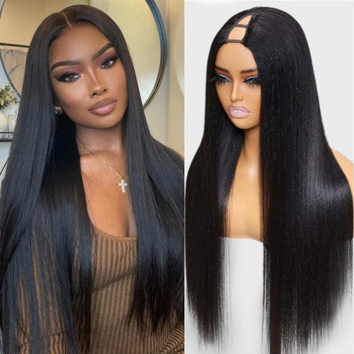 Beauty Forever Yaki Straight V Part Wig Human Hair Upgrade U Part Wigs Glueless Full Head Clip In Half Wig V Shape Wigs No Leave Out None Lace Front Wigs Natural Color 150% Density 16inch