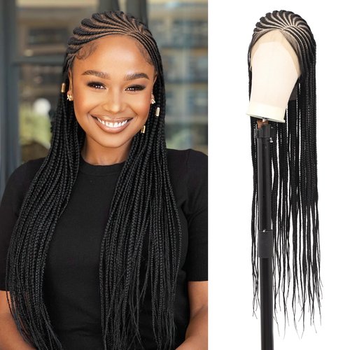 Lexqui 36 Inch Cornrow Braided Wigs Box Braid Wig 13X8 HD Lace Front Braids Wig for Women Side Parted Braided Lace Front Wigs Human Hair Blended Full Lace Braided Wigs Natural Black