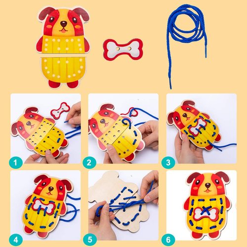 Promise Babe 5 Pack Animals Lacing Cards Wood Block Puzzle Threading Toys Montessori Toy Sewing Cards for Toddler Educational Preschool Toys…