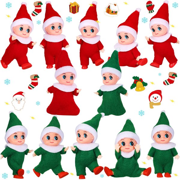 Cunno 12pcs Christmas Baby Elves Miniature Elf Doll Plush with Elf Clothes Xmas Elf Toy Accessories for Little Girls and Boys Christmas Advent Calendar Easter Decorations(Red, Green)