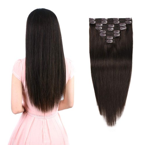 Real Clip in Hair Extensions Dark Brown 8 Pieces - Premium Women Straight Double Weft Thick Remy Hair Extensions Clip in on Human Hair for Short Hair (18" / 18 inch, #2, 112 grams/3.9 Oz)