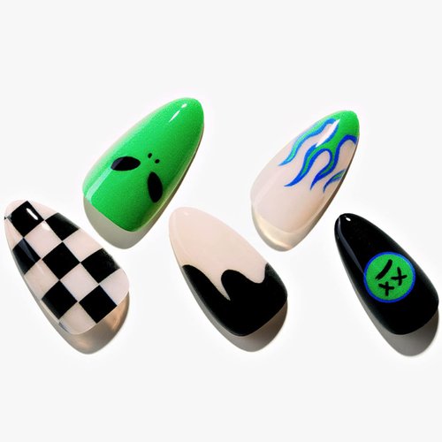 GLAMERMAID Press on Nails Medium Almond, Black and Green Glue on Nails with Checkerboard, 24Pcs Short Stiletto Acrylic False Nails Kits Reusable UV Finish Full Cover Stick on Nails for Women Girls