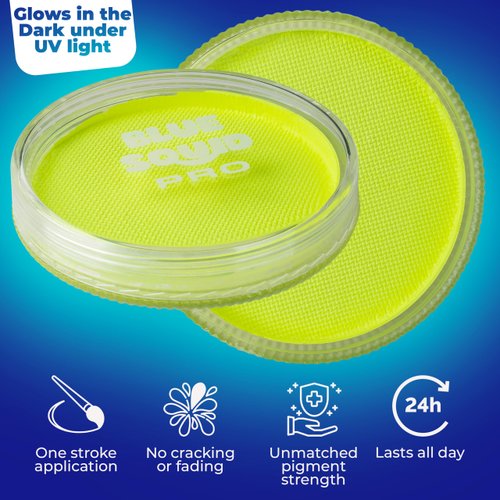 Blue Squid PRO UV Face Paint - UV Pastel Yellow (30g) - Professional Water Based UV Activated Neon Glow in the Dark Single Cake Face & Body Paint Makeup Supplies for Adults Kids Halloween UV Facepaint