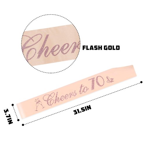 Cheers to 70 Sash with Rose Gold Foil - Champagne Soft Satin for Girls - 70th Birthday Sash Gifts - 70 Years Old 70th Birthday Party Favors Supplies