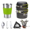 Odoland Camping Cookware Stove Carabiner Canister Stand Tripod and Stainless Steel Cup, Tank Bracket, Fork Spoon Kit for Backpacking, Outdoor Camping Hiking and Picnic,Green