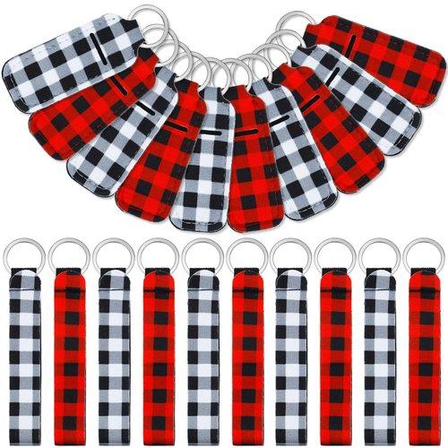 Patelai 20 Pcs Christmas Lipstick Holder Keychains Set Include 10 Buffalo Plaid Lipstick Holder Keychains Bulk Lip Balm Holder Keychains 10 Wristlet Keychain Lanyards for Purse Backpack Christmas Gift