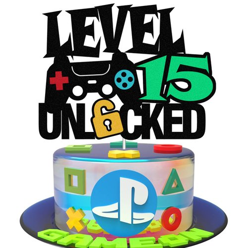 Level 15th Unlocked Sign Cake Topper Happy 15th Birthday Level Up Tenth Cake Decorations for Video Game Controller Themed Kids Boy Girl Bday Party Supplies Double Sided (15th)
