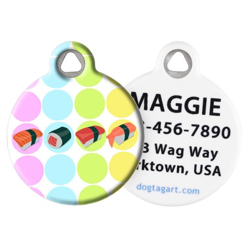 Dog Tag Art Sushi Personalized Pet ID Tag for Dogs and Cats, Silent Polymer Coated Stainless Steel Nametag with Customized Identification Information - Small .875" Diameter