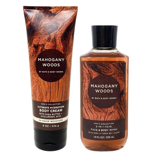Generic Bath and Body Work Men's Collection MAHOGANY WOODS Duo Bundle - Body Cream and 3-in-1 Hair, Face & Body Wash - Full Size, brown