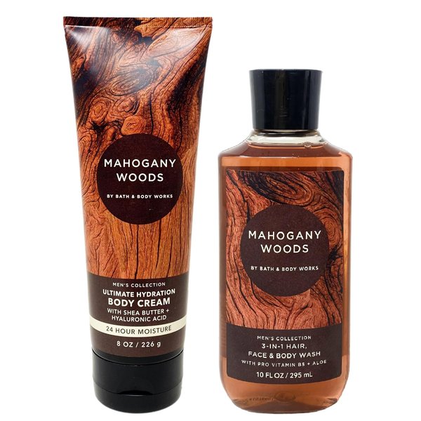 Generic Bath and Body Work Men's Collection MAHOGANY WOODS Duo Bundle - Body Cream and 3-in-1 Hair, Face & Body Wash - Full Size, brown