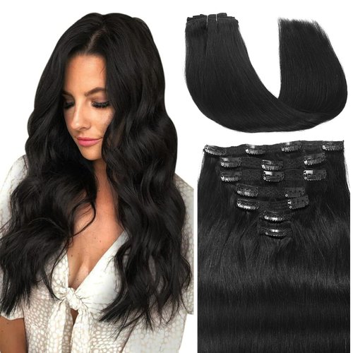 Clip in Hair Extensions Real Human Hair Black Long Stright Layered Hair Extensions 14 inch 7PCS Hair Extension Thick Set Natural Soft Clip in Hair Extensions Human Hair for Women