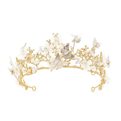 Butterfly Flower Tiara Bride Crown For Women Rhinestone Pearl Tiara Bridesmaid Fairy Crown Headband Wedding Birthday Party Jewelry Hair Accessories(Gold）