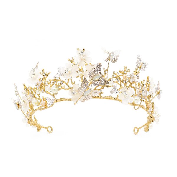 Butterfly Flower Tiara Bride Crown For Women Rhinestone Pearl Tiara Bridesmaid Fairy Crown Headband Wedding Birthday Party Jewelry Hair Accessories(Gold）