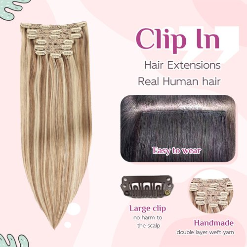 DIYOMO Hair Extensions Real Human Hair,Human Hair Clip In Extensions Soft&Natural Human Hair Extensions Clip Ins 120g 7pcs Real Hair Extensions Clip In Human Hair Straight&Invisible (18 Inch, 18/613)