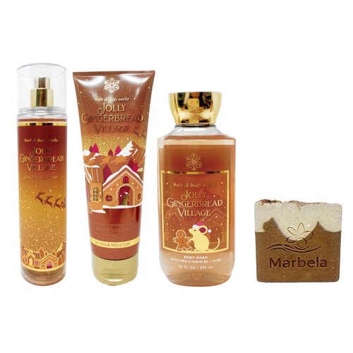 Bath & Body Works Jolly Gingerbread Village - Trio Gift Set - Fine Fragrance Mist, Body Cream and Body Wash with a Yamma Jamma Bar Soap, Full Size, brown