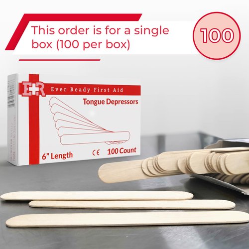 Ever Ready First Aid Wood 6" Tongue Depressors, Medical, All Purpose, Crafts - 100 Count