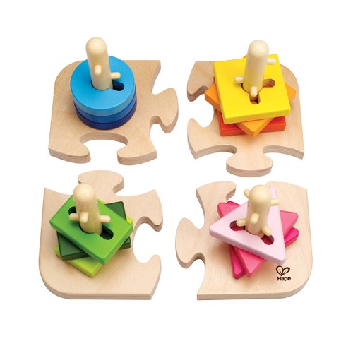 Hape Wooden Creative Peg Puzzle| Shape Sorter Stacking Peg Puzzle| Montessori Color Recognition Stacker Toy for Toddlers
