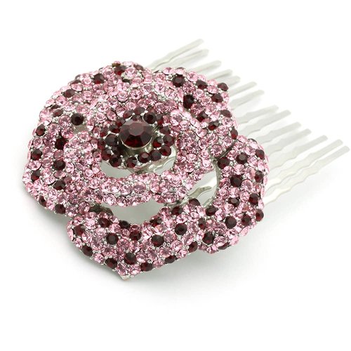 Medium Decorative Hair Comb Rhinestone Crystal Rose Bridal Hair Comb, Pink