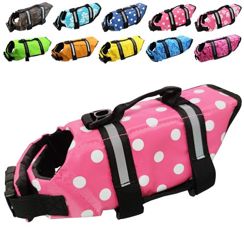 Dog Life Jacket Easy-Fit Adjustable Belt Pet Saver Swimming Safety Swimsuit Preserver with Reflective Stripes for Doggie (M, speckle and Pink)