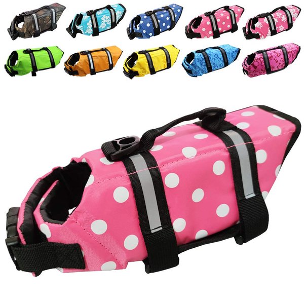 Dog Life Jacket Easy-Fit Adjustable Belt Pet Saver Swimming Safety Swimsuit Preserver with Reflective Stripes for Doggie (M, speckle and Pink)
