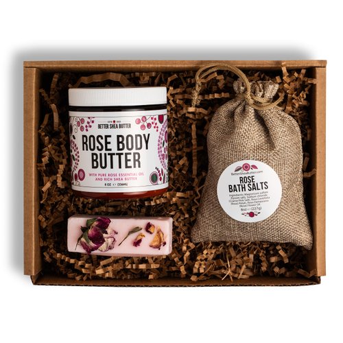 Natural Gift Box for Women - Self Care Kit, Luxury Relaxation Bath Set with Rose Bath Salt, Non Toxic Wax Melts and Rose Body Butter – Perfect as New Mom Gifts, Stress Relief Gifts, Spa Gift Set