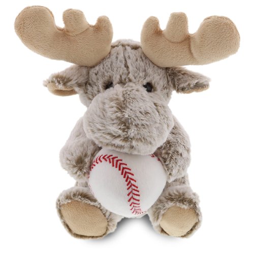 DolliBu Sitting Moose Stuffed Animal with Baseball Plush - Soft Plush Huggable Moose, Adorable Playtime Plush Toy, Cute Wildlife Gift for Kids and Adults - 11 Inch