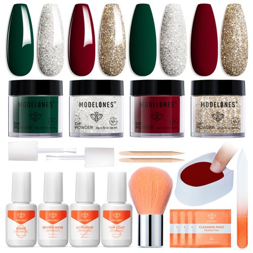 Modelones Christmas Dip Powder Nail Kit, Red Green Gold 4 Colors Nail Dip Glitter Powder Kit Starter Set for Beginners with Dipping Powder Liquid Set