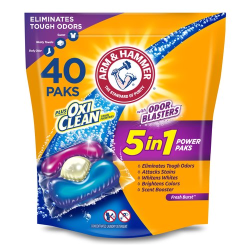 Arm & Hammer Plus OxiClean With Odor Blasters LAUNDRY DETERGENT 5-IN-1 Power Paks, 40CT (Packaging may vary)