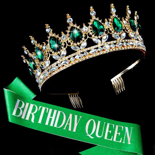 KICOSY Birthday Crown for Women Green Birthday Queen Sash and Crown Birthday Crown and Sash Happy Birthday Headband Birthday Tiara Birthday Crown Adult Woman