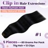 LaaVoo Hair Extensions Clip ins Real Human Hair Jet Black Clip in Hair Extensions Black Women 16 Inch Clip in Hair Extensions Real Human Hair Silky Straight Double Weft 5pcs 80G