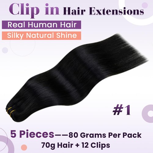 LaaVoo Hair Extensions Clip ins Real Human Hair Jet Black Clip in Hair Extensions Black Women 16 Inch Clip in Hair Extensions Real Human Hair Silky Straight Double Weft 5pcs 80G