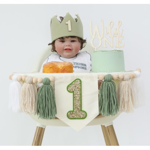 Wild One High Chair Banner For 1st Birthday Party Boy Decorations With Green Tassel Garland Crown Hat Wild One Cake Topper