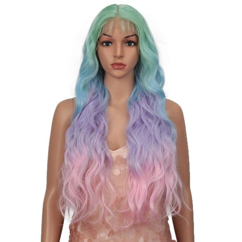 Style Icon 28” Lace Front Wigs Body Wave Middle Part Wig Ombre Blue Purple Pink Synthetic Wig (28 Inches, QT GNPK03)