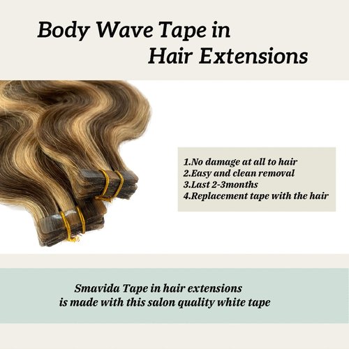 Long Tape in Hair Extensions Soft Silky 24" #4/27 Medium Brown with Strawberry Highlighted Balayage Remy Human Hair 70g 20Pcs/Pack Body Wavy Seamless Skin Weft Glue in Extensions