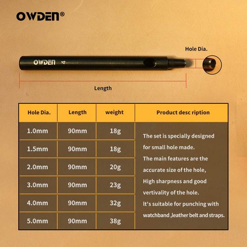 OWDEN Professional 6Pcs. Leather Hollow Punch Set. Size: 1.0-5.0mm for Leather Belt, Watch Band and Leather Strap Gasket. with a Free Mini Cutting mat.