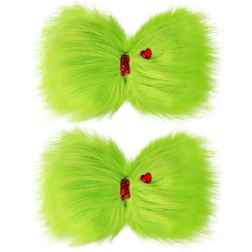 Vloso 2 Pcs Christmas Hair Bow for Girls,6 Inch Green Furry Hair Bow Clips with Red Heart,Christmas Decorations Costume Accessories Women Girls