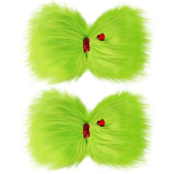 Vloso 2 Pcs Christmas Hair Bow for Girls,6 Inch Green Furry Hair Bow Clips with Red Heart,Christmas Decorations Costume Accessories Women Girls