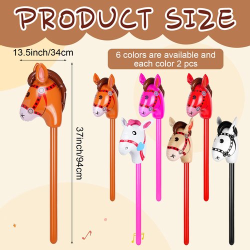 12 Pcs 40 Inch Inflatable Stick Horse Colorful Horse Head Stick Balloon Horse Birthday Party Supplies Pony Stick for Halloween Birthday Cowboy Horse Theme Party Supply, 6 Colors