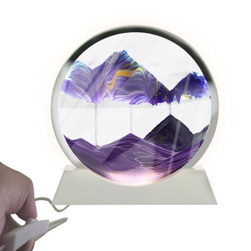 Szoranct Moving Sand Art Lamp Round Glass Flowing Sand Frame, Sand Art Liquid Motion and 3D Deep Sea Moving Sandscapes, for Office and Home Decor (7", Purple with Light)