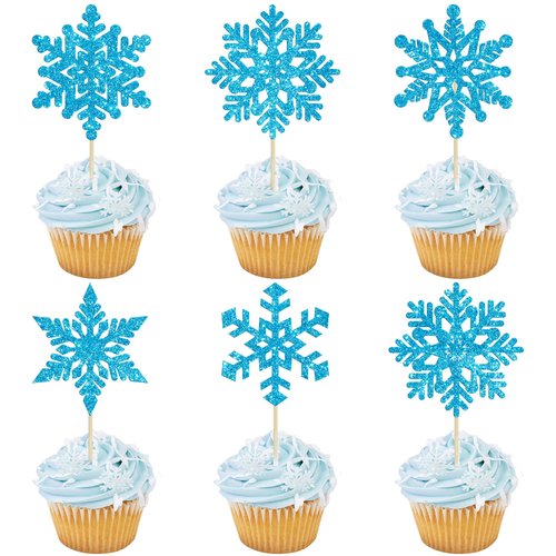 Gyufise 36Pcs Snowflake Cupcake Toppers Glitter Winter Frozen Theme Snowflake Cupcake Picks Winter Wonderland Cake Decorations for Baby Shower Kids Birthday Christmas Party Supplies Blue