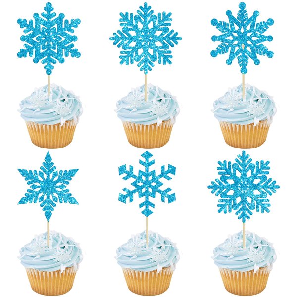 Gyufise 36Pcs Snowflake Cupcake Toppers Glitter Winter Frozen Theme Snowflake Cupcake Picks Winter Wonderland Cake Decorations for Baby Shower Kids Birthday Christmas Party Supplies Blue